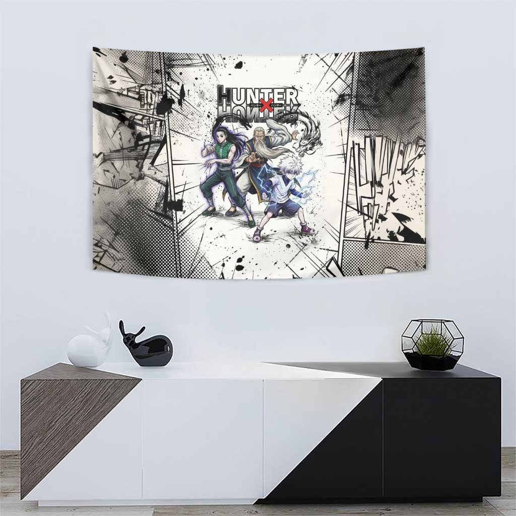 Killua Silva Illumi Team Design Tapestry with Monochrome Graffiti Background and Hunter Association Symbols - The Mazicc