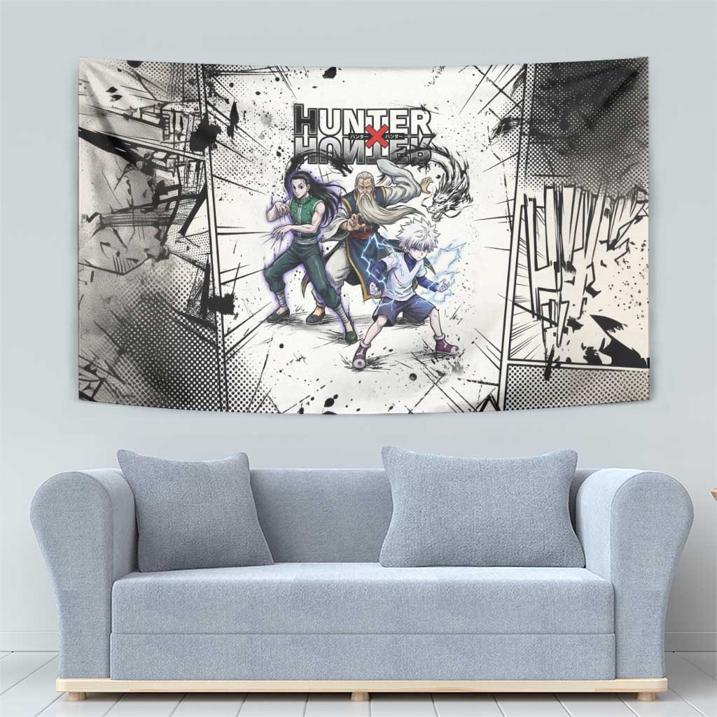 Killua Silva Illumi Team Design Tapestry with Monochrome Graffiti Background and Hunter Association Symbols - The Mazicc