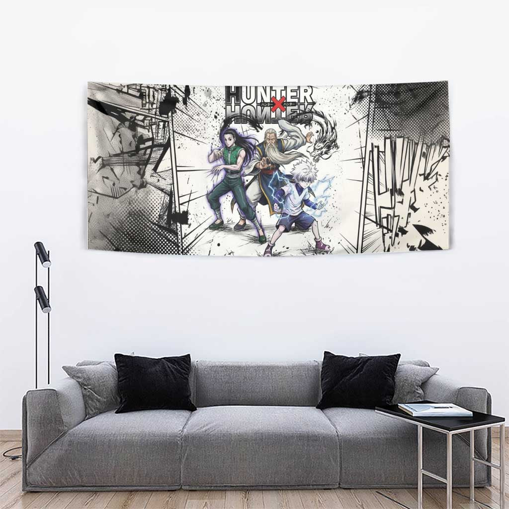 Killua Silva Illumi Team Design Tapestry with Monochrome Graffiti Background and Hunter Association Symbols - The Mazicc