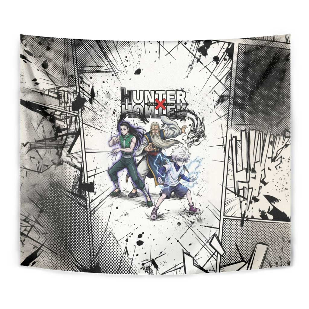 Killua Silva Illumi Team Design Tapestry with Monochrome Graffiti Background and Hunter Association Symbols - The Mazicc
