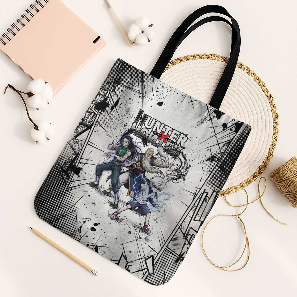 Killua Silva Illumi Team Design Tote Bag with Monochrome Graffiti Background and Hunter Association Symbols - The Mazicc