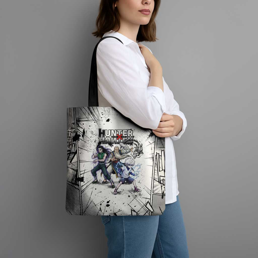 Killua Silva Illumi Team Design Tote Bag with Monochrome Graffiti Background and Hunter Association Symbols - The Mazicc