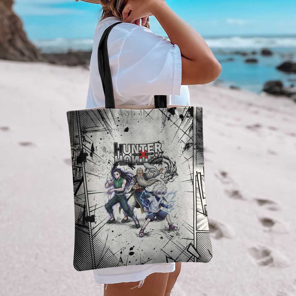 Killua Silva Illumi Team Design Tote Bag with Monochrome Graffiti Background and Hunter Association Symbols - The Mazicc