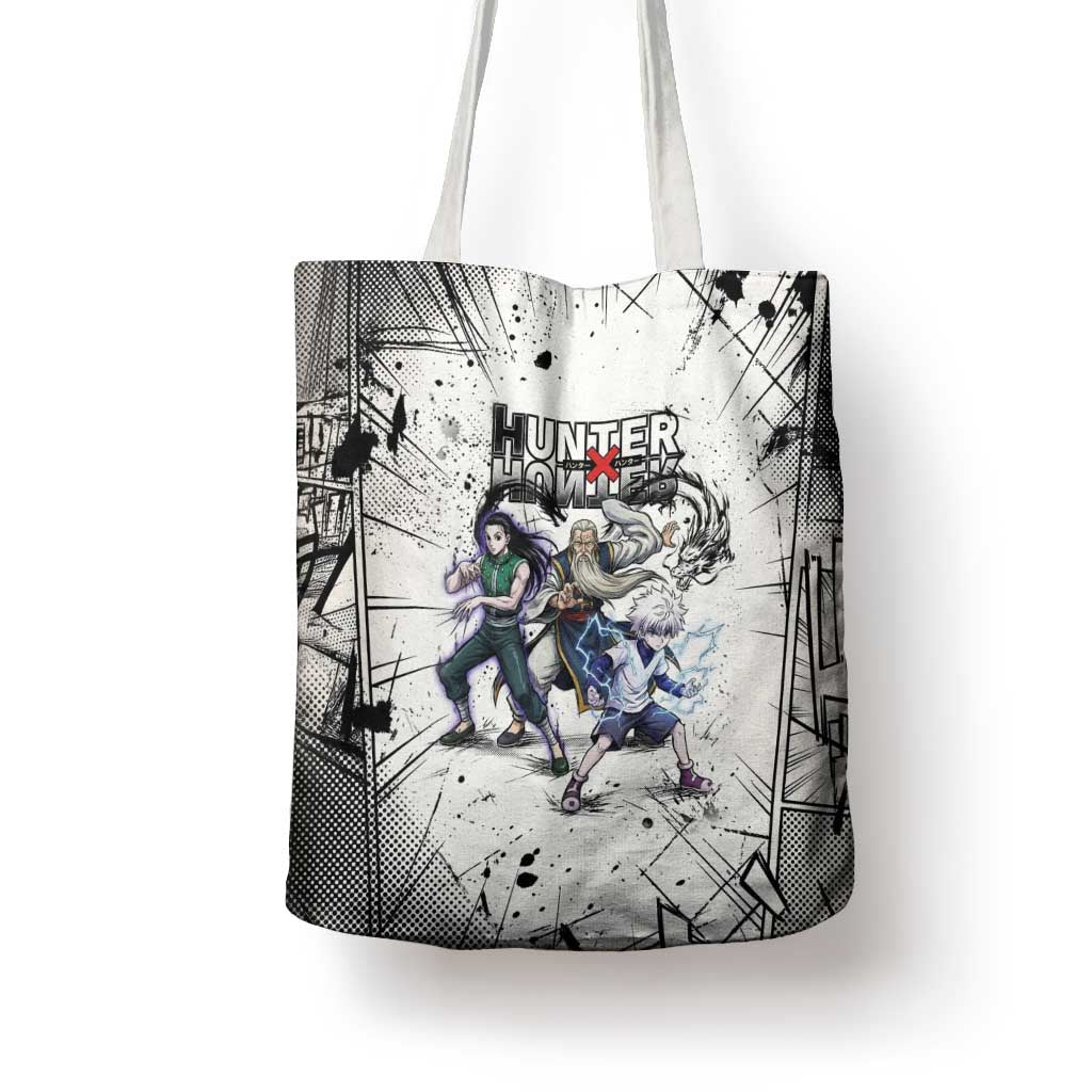 Killua Silva Illumi Team Design Tote Bag with Monochrome Graffiti Background and Hunter Association Symbols - The Mazicc