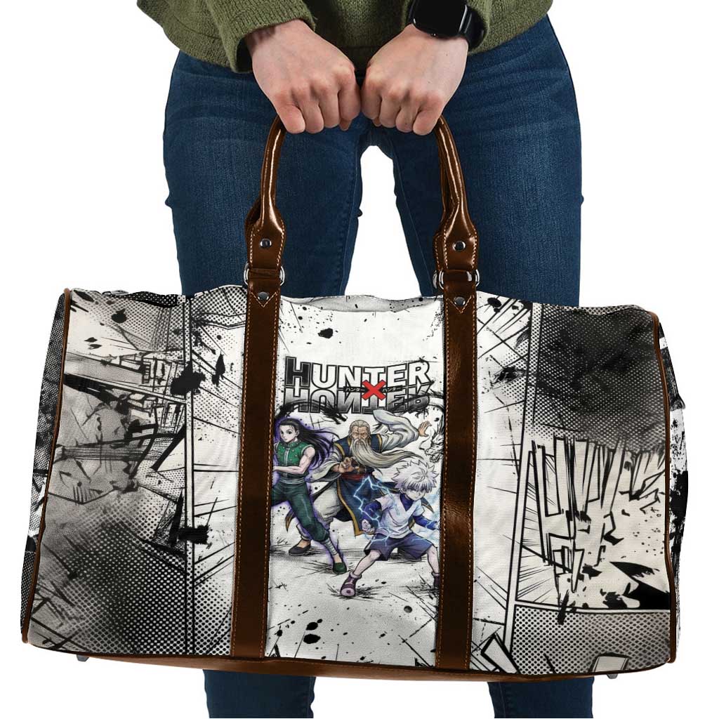 Killua Silva Illumi Team Design Travel Bag with Monochrome Graffiti Background and Hunter Association Symbols - The Mazicc