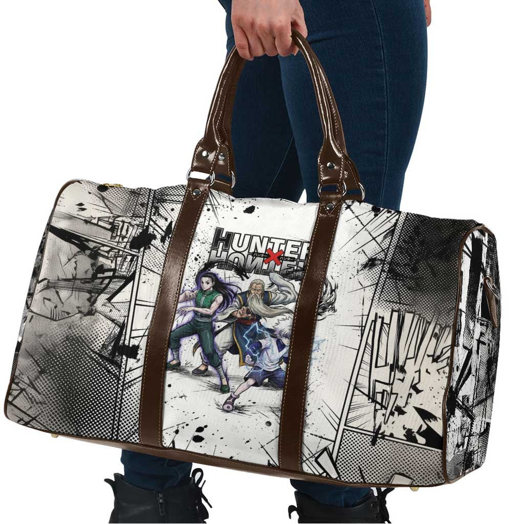 Killua Silva Illumi Team Design Travel Bag with Monochrome Graffiti Background and Hunter Association Symbols - The Mazicc