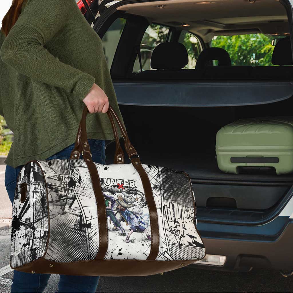 Killua Silva Illumi Team Design Travel Bag with Monochrome Graffiti Background and Hunter Association Symbols - The Mazicc