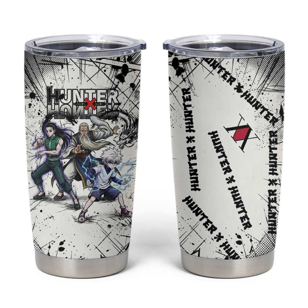 Killua Silva Illumi Team Design Tumbler Cup with Monochrome Graffiti Background and Hunter Association Symbols - The Mazicc