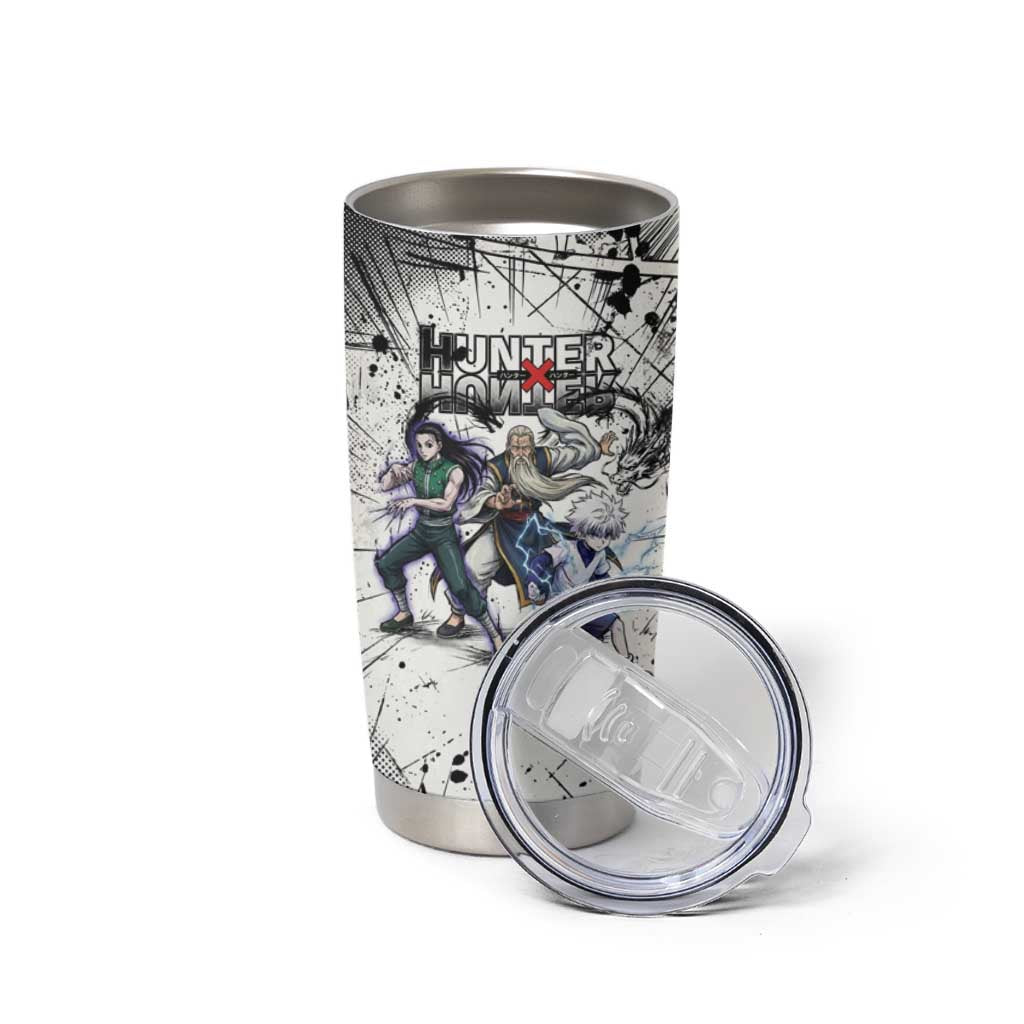 Killua Silva Illumi Team Design Tumbler Cup with Monochrome Graffiti Background and Hunter Association Symbols - The Mazicc