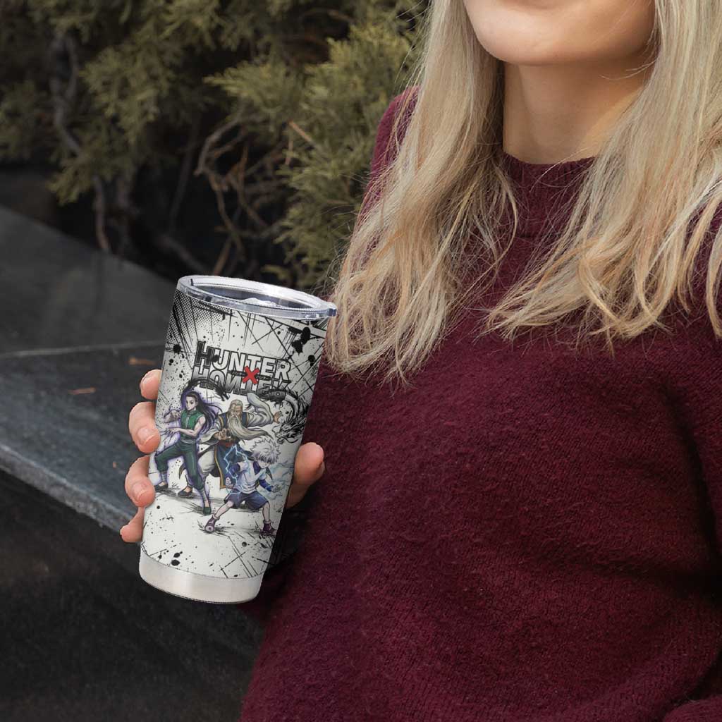 Killua Silva Illumi Team Design Tumbler Cup with Monochrome Graffiti Background and Hunter Association Symbols - The Mazicc