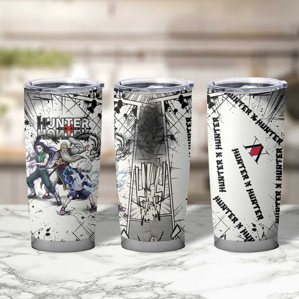 Killua Silva Illumi Team Design Tumbler Cup with Monochrome Graffiti Background and Hunter Association Symbols - The Mazicc