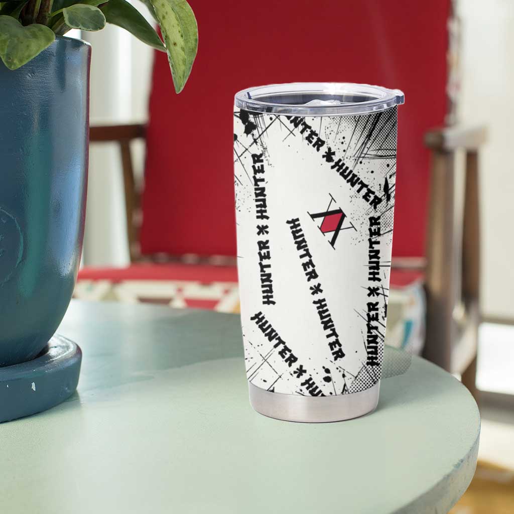 Killua Silva Illumi Team Design Tumbler Cup with Monochrome Graffiti Background and Hunter Association Symbols - The Mazicc