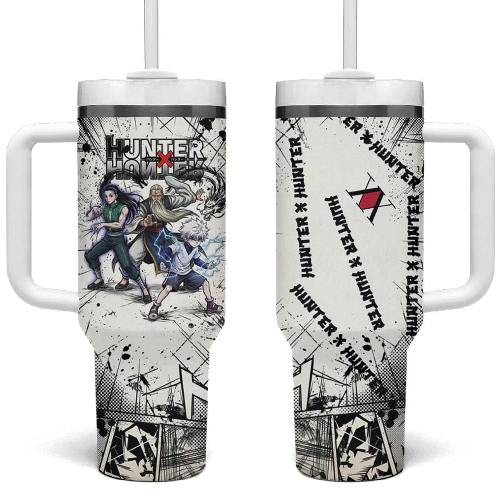 Killua Silva Illumi Team Design Tumbler With Handle with Monochrome Graffiti Background and Hunter Association Symbols - The Mazicc