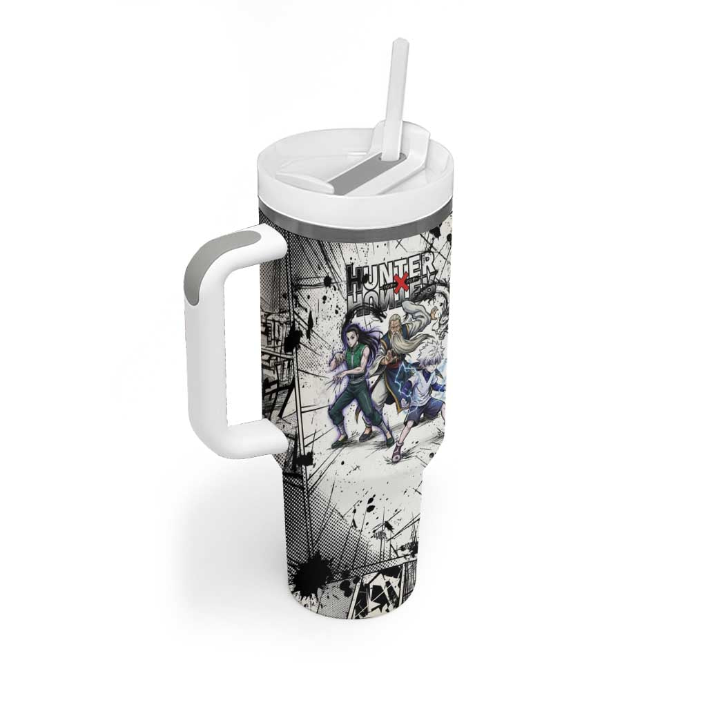 Killua Silva Illumi Team Design Tumbler With Handle with Monochrome Graffiti Background and Hunter Association Symbols - The Mazicc