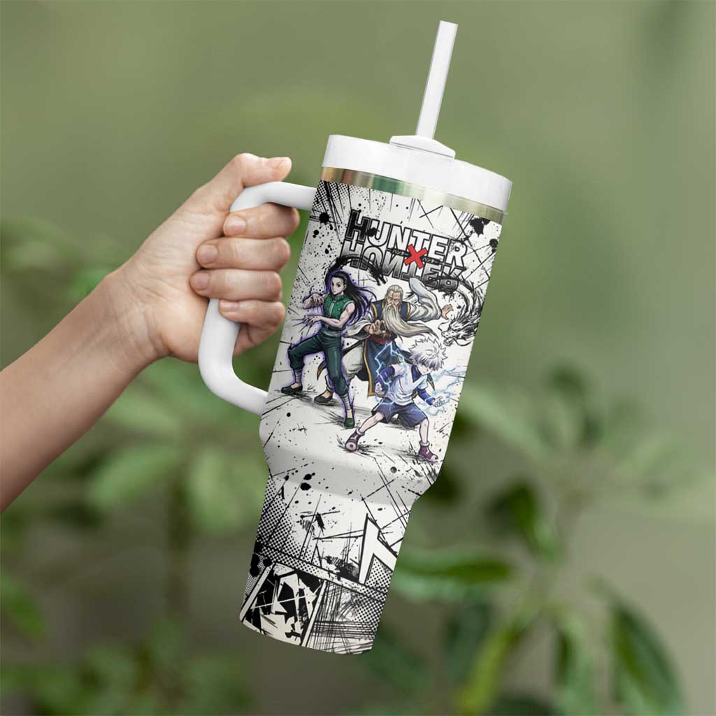 Killua Silva Illumi Team Design Tumbler With Handle with Monochrome Graffiti Background and Hunter Association Symbols - The Mazicc