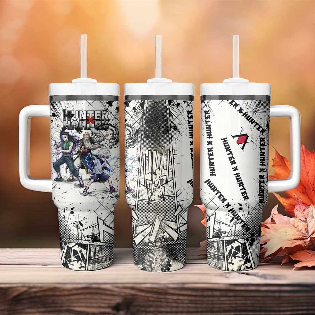 Killua Silva Illumi Team Design Tumbler With Handle with Monochrome Graffiti Background and Hunter Association Symbols - The Mazicc
