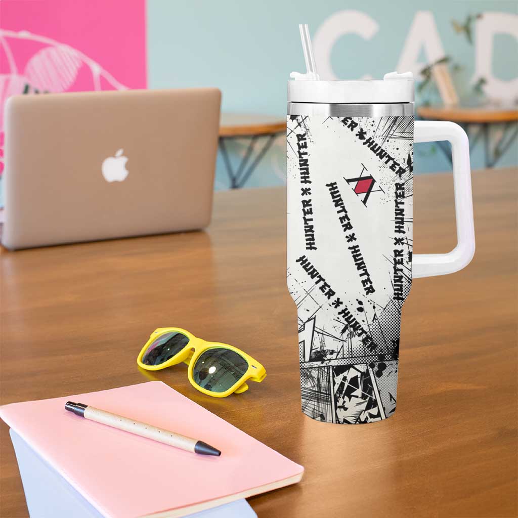 Killua Silva Illumi Team Design Tumbler With Handle with Monochrome Graffiti Background and Hunter Association Symbols - The Mazicc