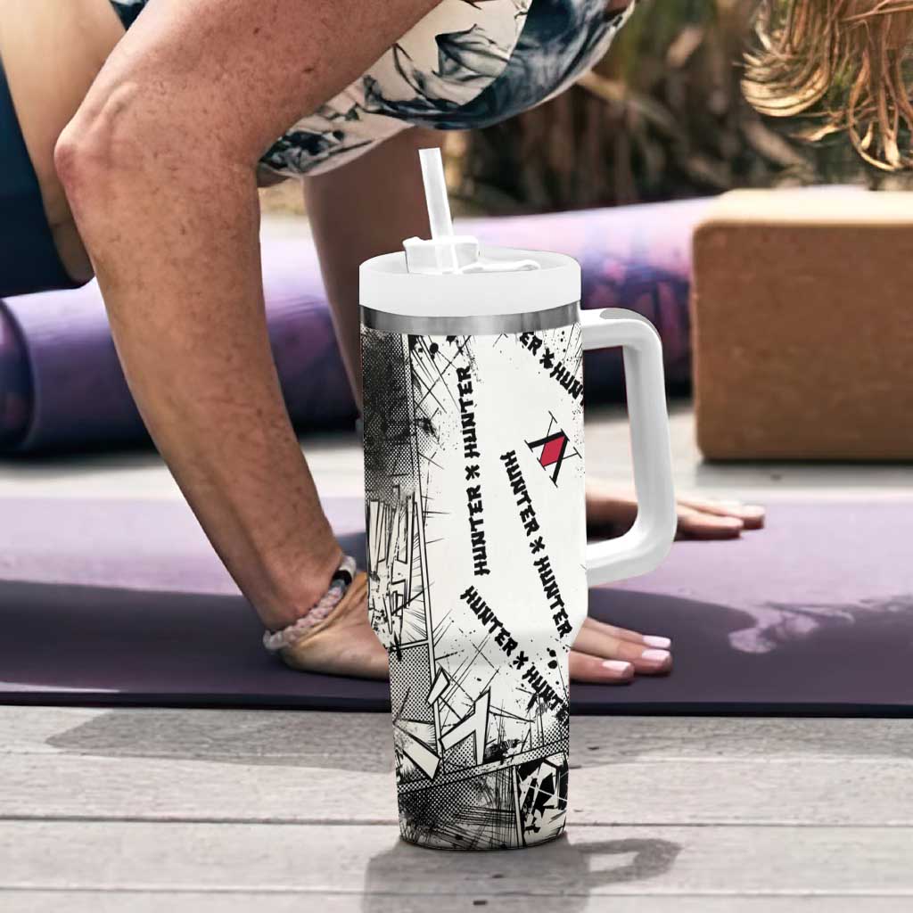Killua Silva Illumi Team Design Tumbler With Handle with Monochrome Graffiti Background and Hunter Association Symbols - The Mazicc