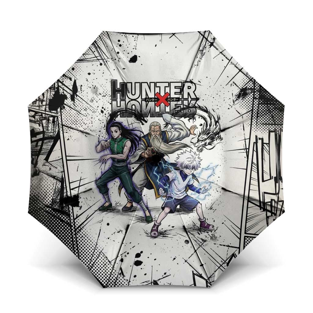 Killua Silva Illumi Team Design Umbrella with Monochrome Graffiti Background and Hunter Association Symbols - The Mazicc