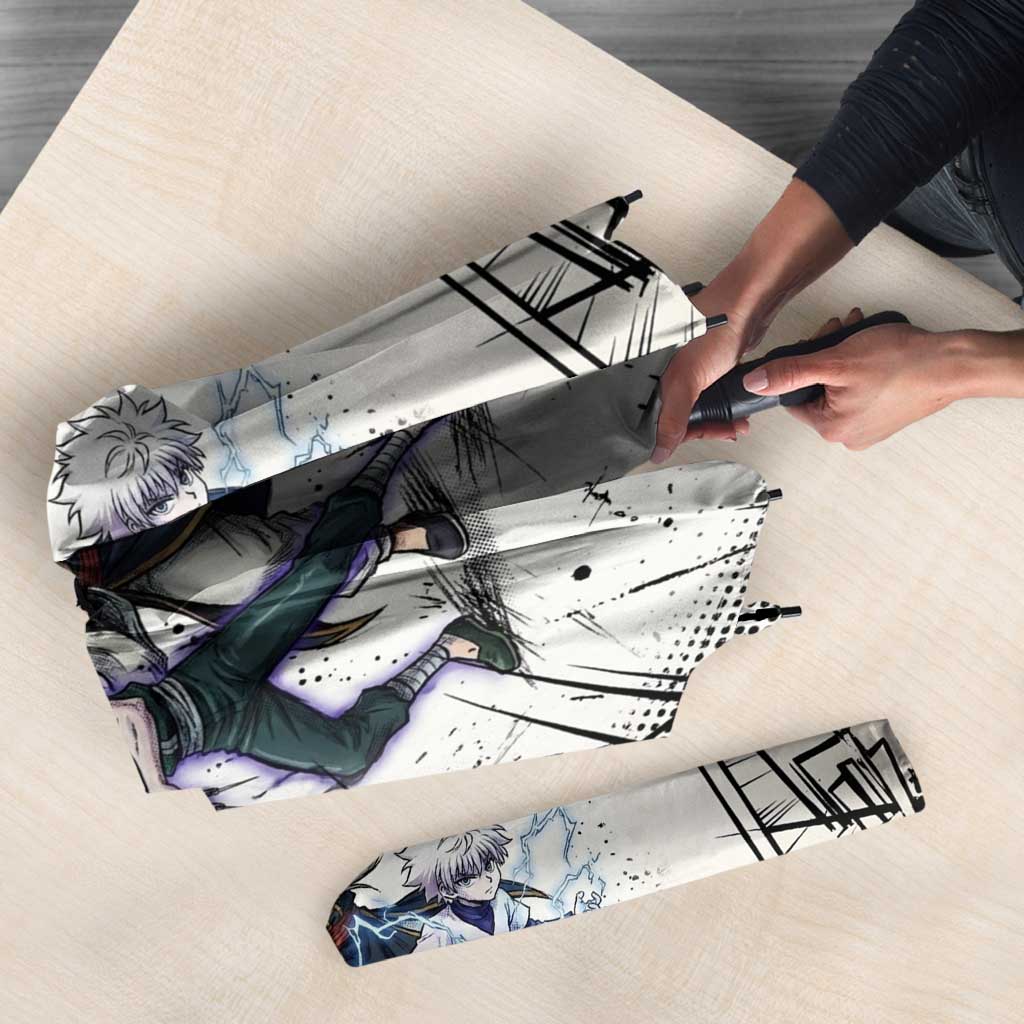 Killua Silva Illumi Team Design Umbrella with Monochrome Graffiti Background and Hunter Association Symbols - The Mazicc