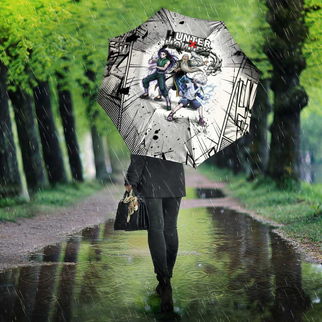 Killua Silva Illumi Team Design Umbrella with Monochrome Graffiti Background and Hunter Association Symbols - The Mazicc