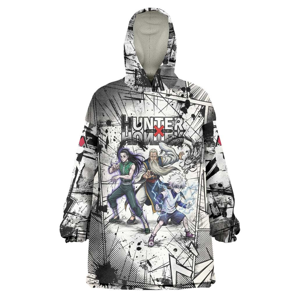 Killua Silva Illumi Team Design Wearable Blanket Hoodie with Monochrome Graffiti Background and Hunter Association Symbols - The Mazicc