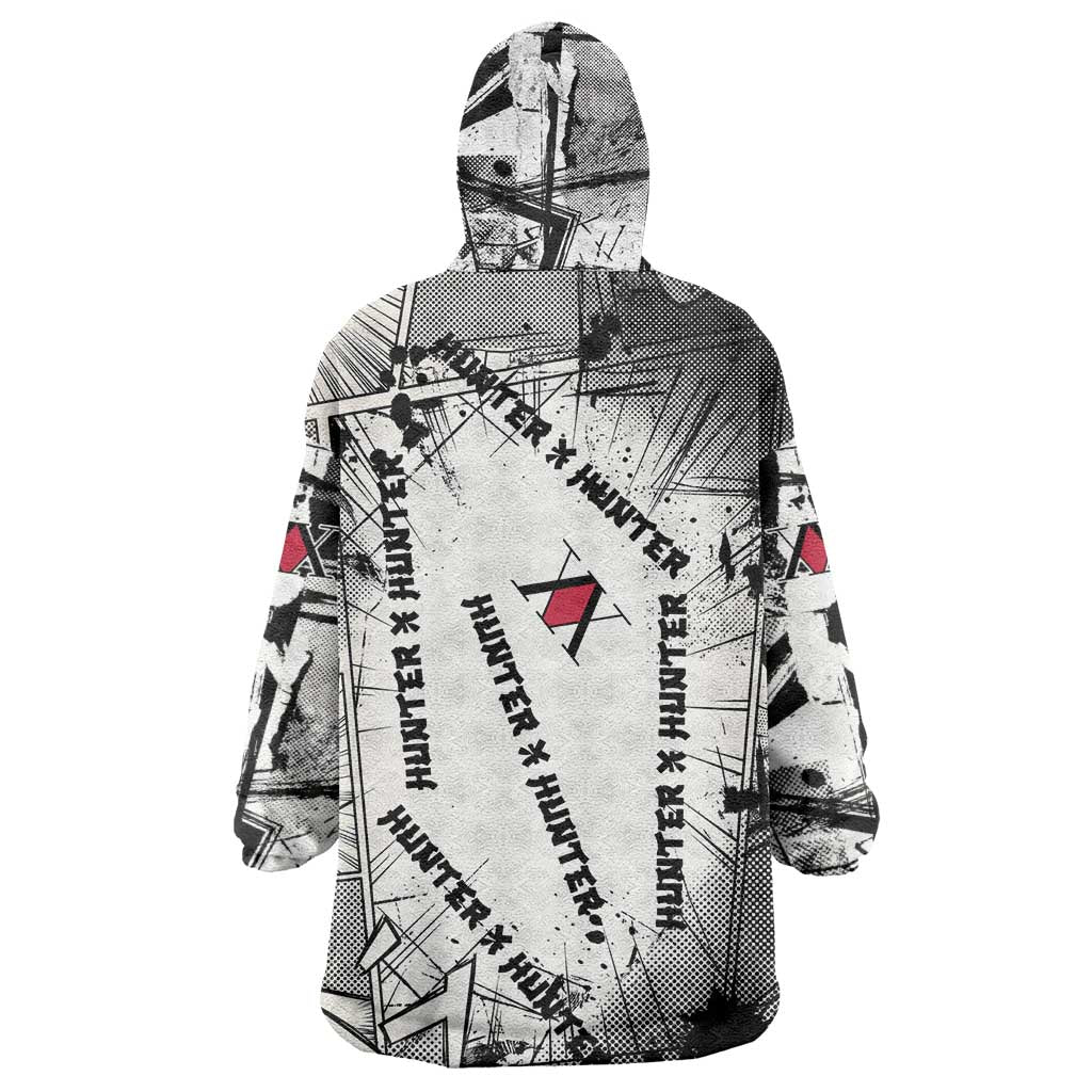 Killua Silva Illumi Team Design Wearable Blanket Hoodie with Monochrome Graffiti Background and Hunter Association Symbols - The Mazicc