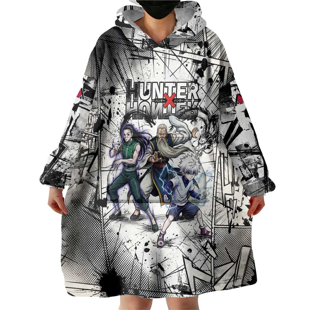 Killua Silva Illumi Team Design Wearable Blanket Hoodie with Monochrome Graffiti Background and Hunter Association Symbols - The Mazicc