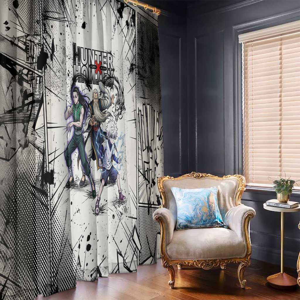 Killua Silva Illumi Team Design Window Curtain with Monochrome Graffiti Background and Hunter Association Symbols - The Mazicc