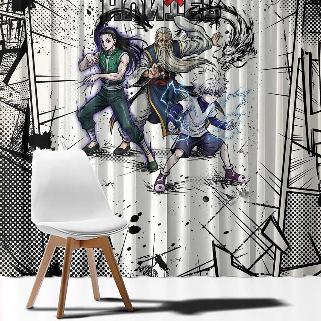 Killua Silva Illumi Team Design Window Curtain with Monochrome Graffiti Background and Hunter Association Symbols - The Mazicc