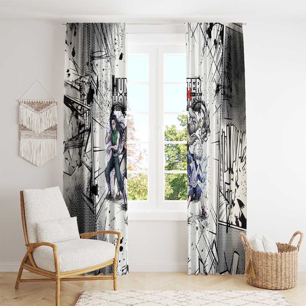 Killua Silva Illumi Team Design Window Curtain with Monochrome Graffiti Background and Hunter Association Symbols - The Mazicc