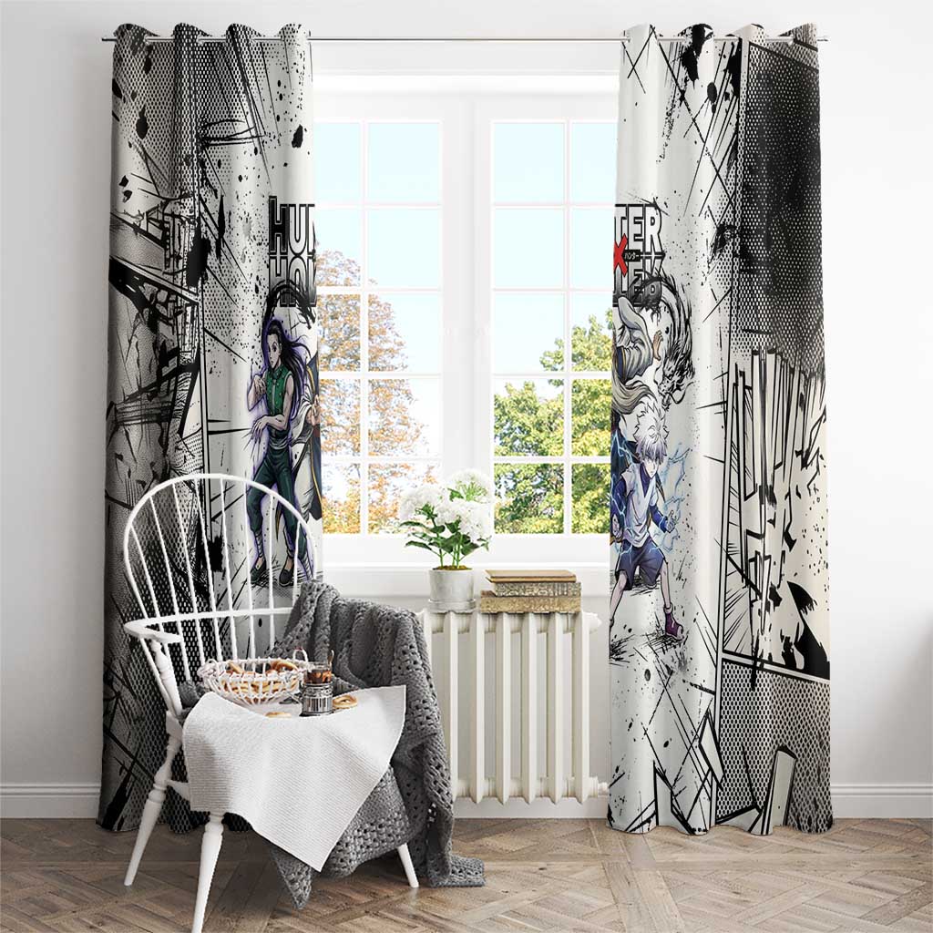 Killua Silva Illumi Team Design Window Curtain with Monochrome Graffiti Background and Hunter Association Symbols - The Mazicc