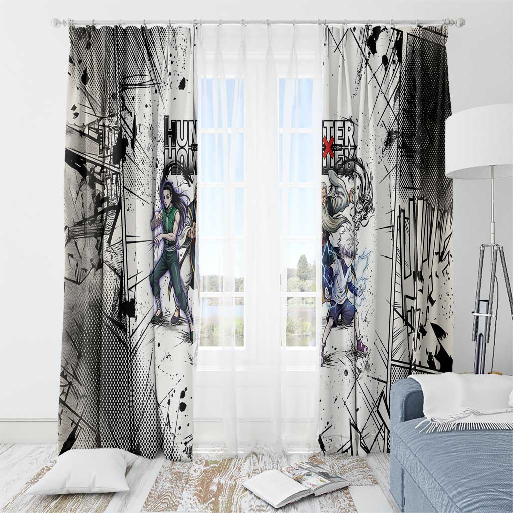 Killua Silva Illumi Team Design Window Curtain with Monochrome Graffiti Background and Hunter Association Symbols - The Mazicc