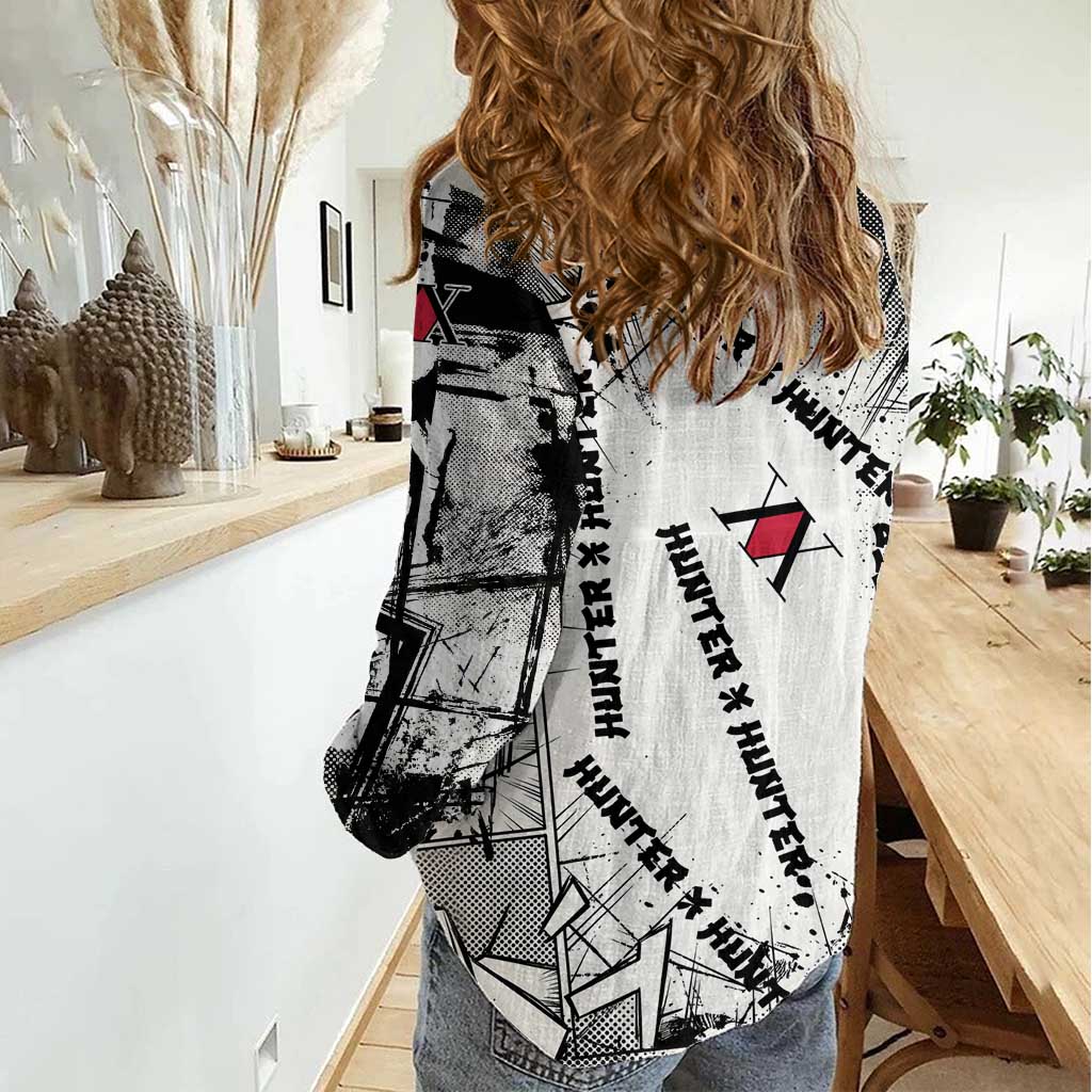 Killua Silva Illumi Team Design Women Casual Shirt with Monochrome Graffiti Background and Hunter Association Symbols - The Mazicc