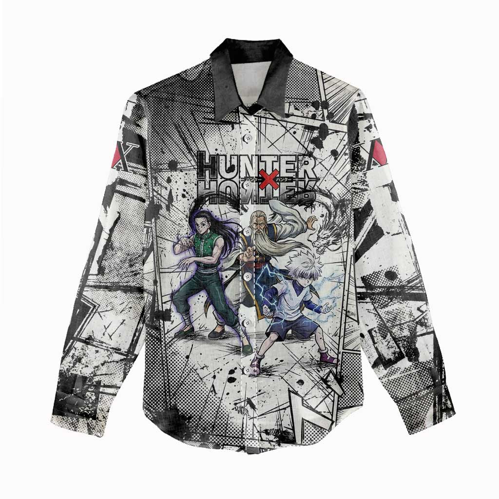 Killua Silva Illumi Team Design Women Casual Shirt with Monochrome Graffiti Background and Hunter Association Symbols - The Mazicc