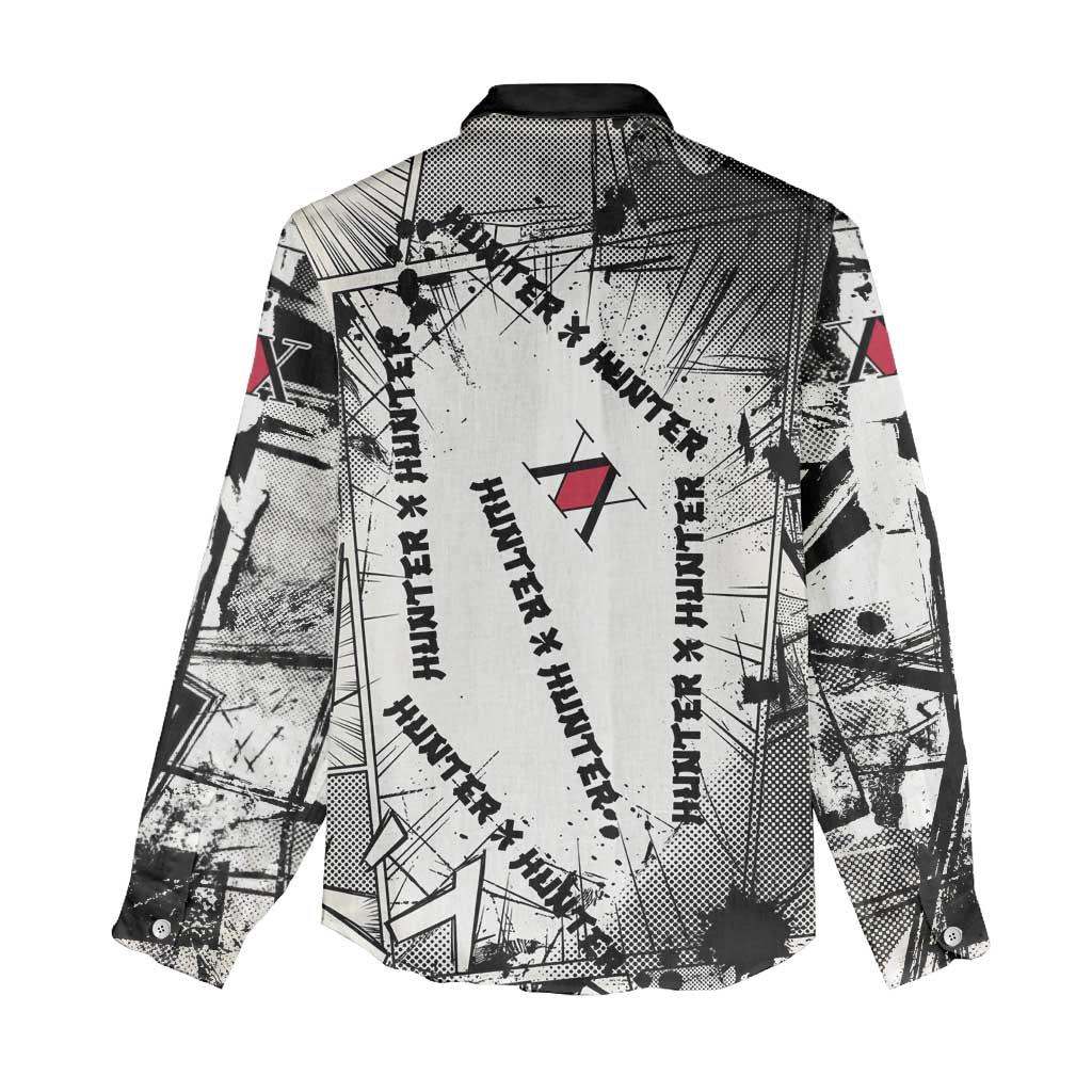 Killua Silva Illumi Team Design Women Casual Shirt with Monochrome Graffiti Background and Hunter Association Symbols - The Mazicc