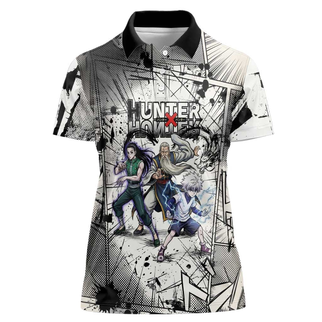 Killua Silva Illumi Team Design Women Polo Shirt with Monochrome Graffiti Background and Hunter Association Symbols - The Mazicc