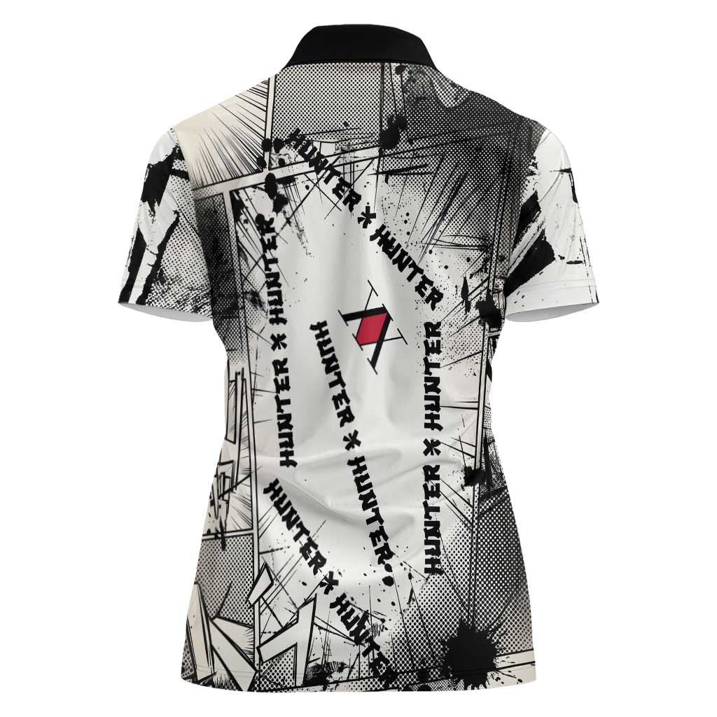 Killua Silva Illumi Team Design Women Polo Shirt with Monochrome Graffiti Background and Hunter Association Symbols - The Mazicc