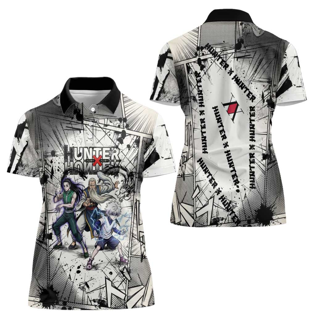 Killua Silva Illumi Team Design Women Polo Shirt with Monochrome Graffiti Background and Hunter Association Symbols - The Mazicc