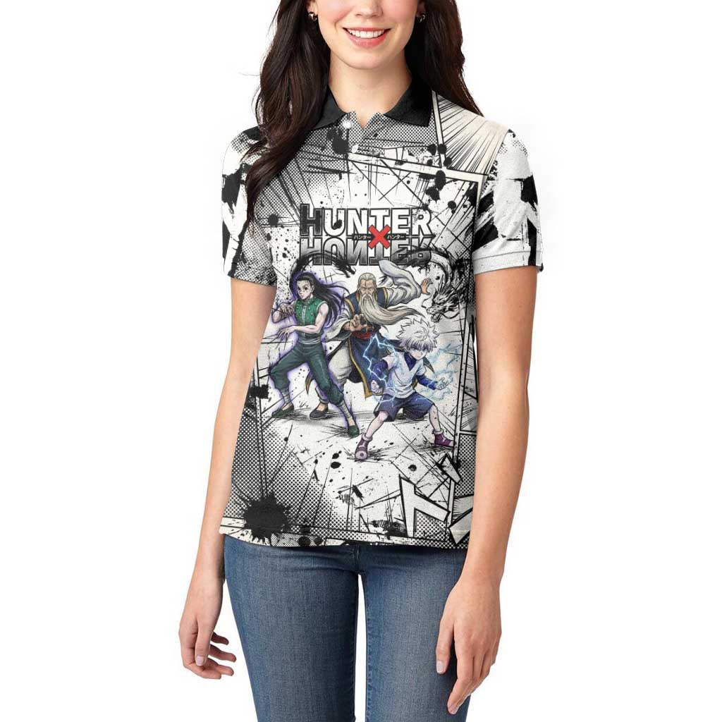 Killua Silva Illumi Team Design Women Polo Shirt with Monochrome Graffiti Background and Hunter Association Symbols - The Mazicc