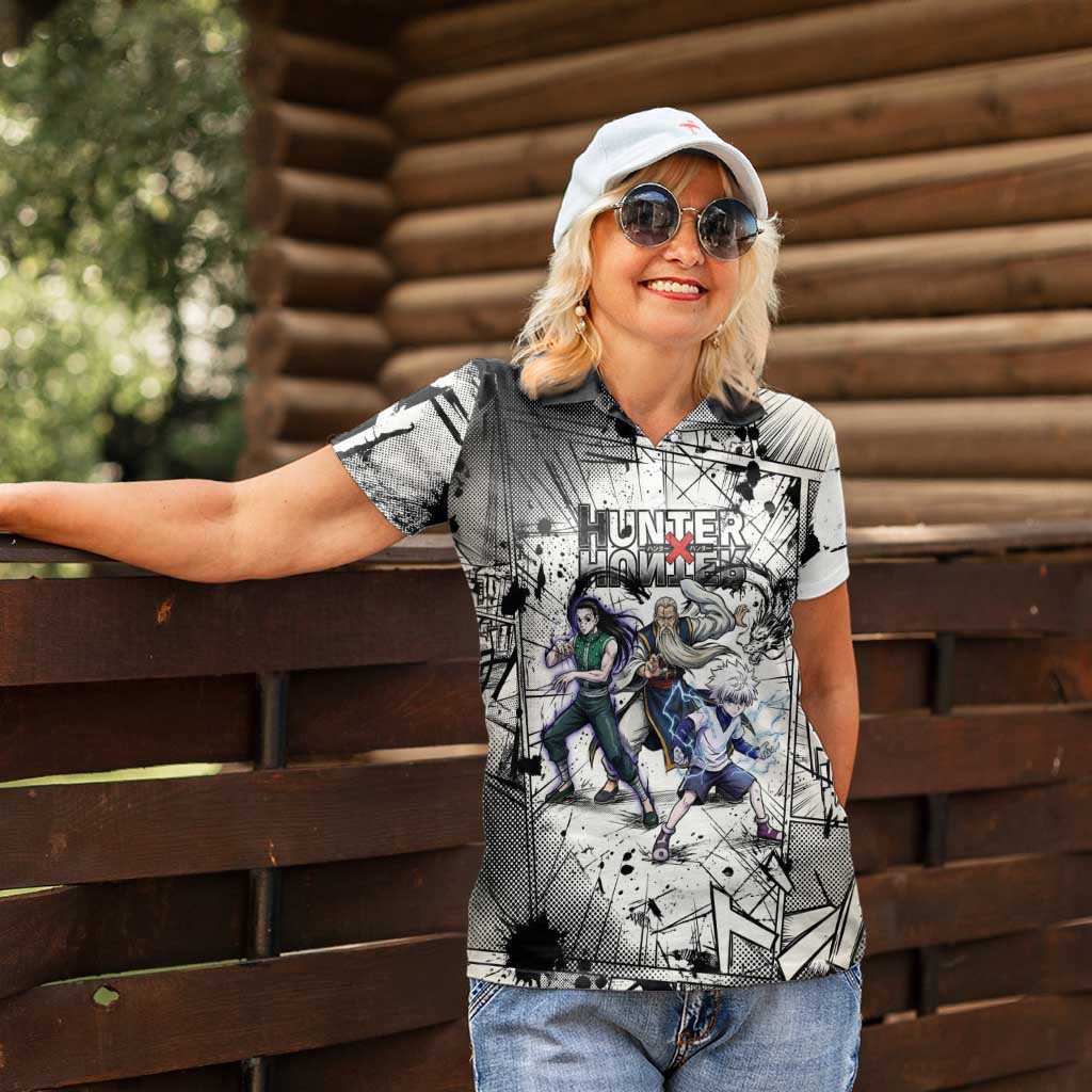 Killua Silva Illumi Team Design Women Polo Shirt with Monochrome Graffiti Background and Hunter Association Symbols - The Mazicc