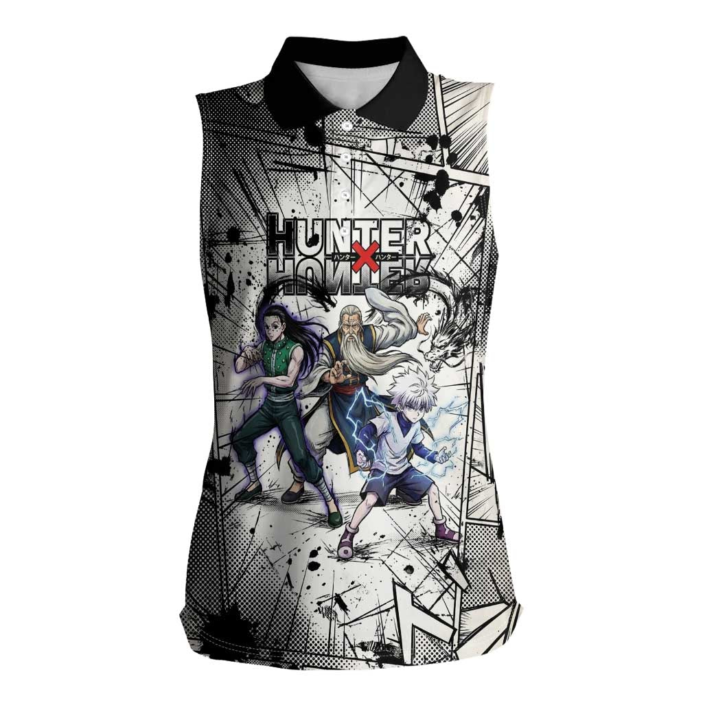 Killua Silva Illumi Team Design Women Sleeveless Polo Shirt with Monochrome Graffiti Background and Hunter Association Symbols - The Mazicc
