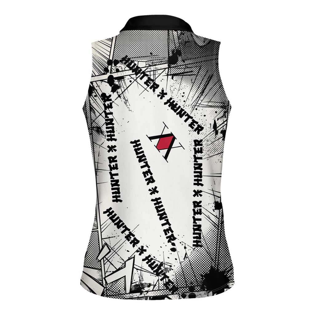 Killua Silva Illumi Team Design Women Sleeveless Polo Shirt with Monochrome Graffiti Background and Hunter Association Symbols - The Mazicc
