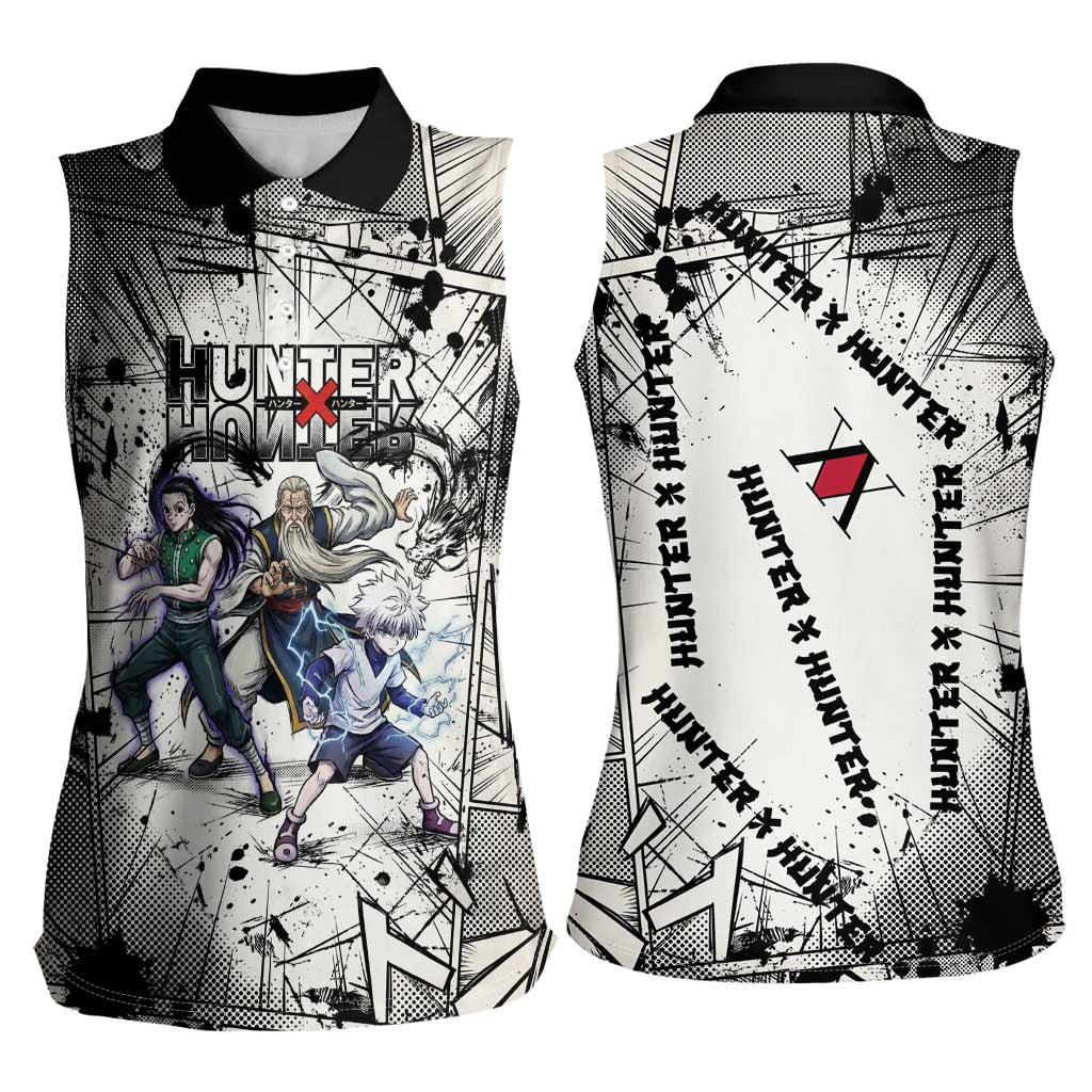 Killua Silva Illumi Team Design Women Sleeveless Polo Shirt with Monochrome Graffiti Background and Hunter Association Symbols - The Mazicc