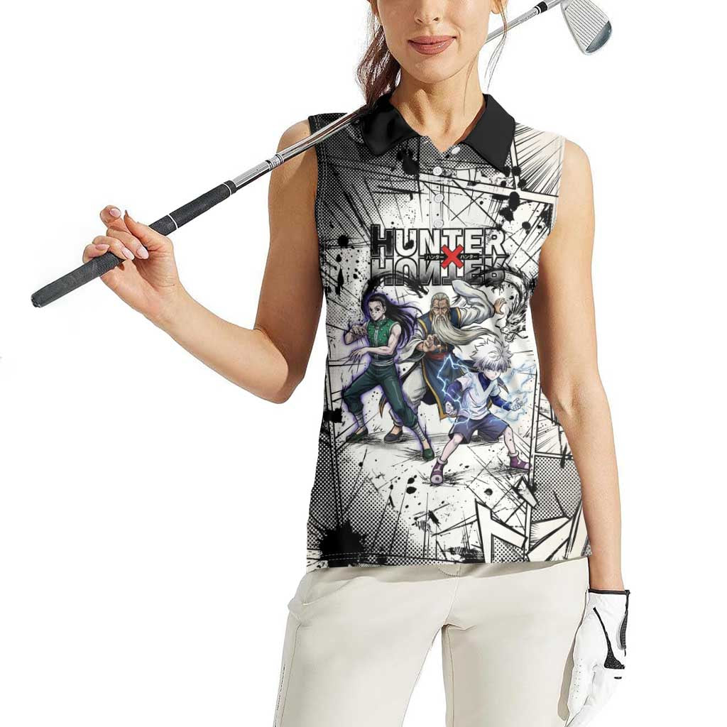 Killua Silva Illumi Team Design Women Sleeveless Polo Shirt with Monochrome Graffiti Background and Hunter Association Symbols - The Mazicc