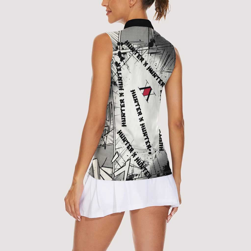 Killua Silva Illumi Team Design Women Sleeveless Polo Shirt with Monochrome Graffiti Background and Hunter Association Symbols - The Mazicc