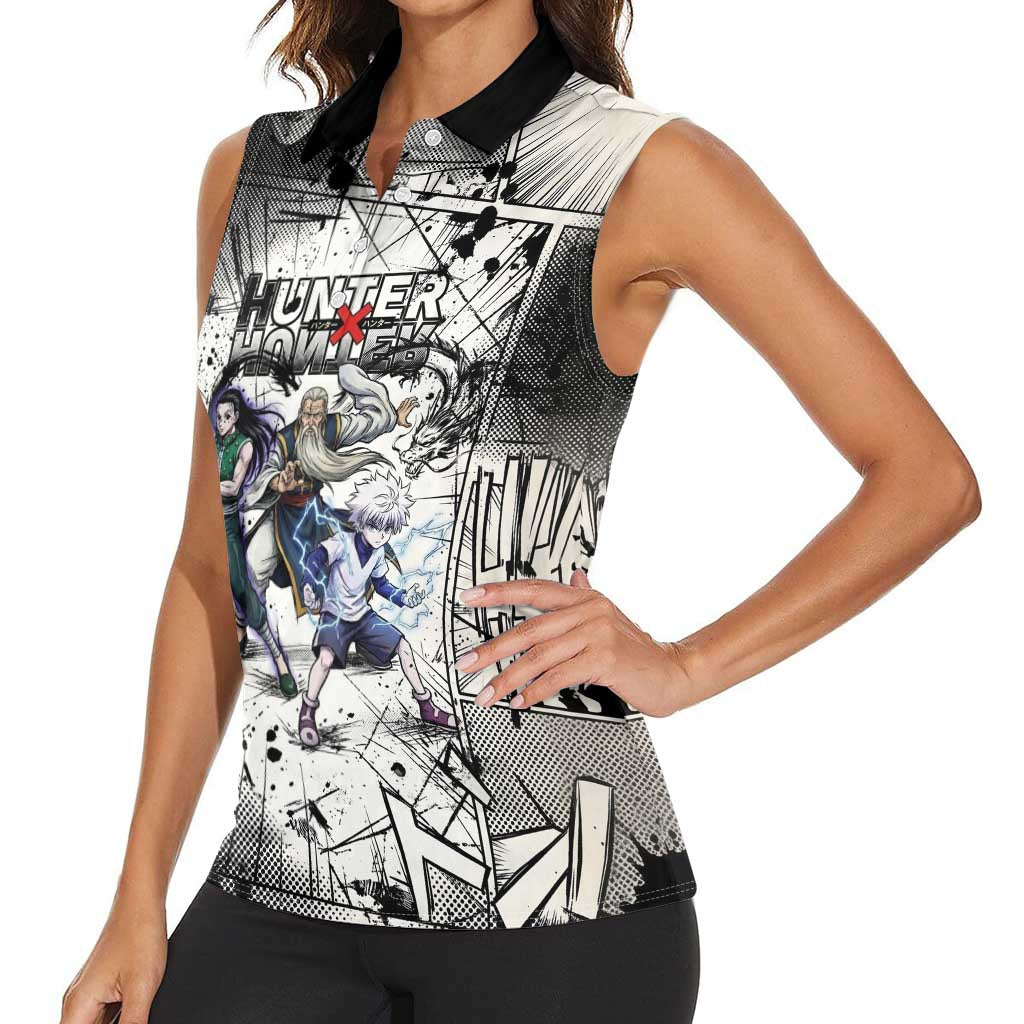 Killua Silva Illumi Team Design Women Sleeveless Polo Shirt with Monochrome Graffiti Background and Hunter Association Symbols - The Mazicc