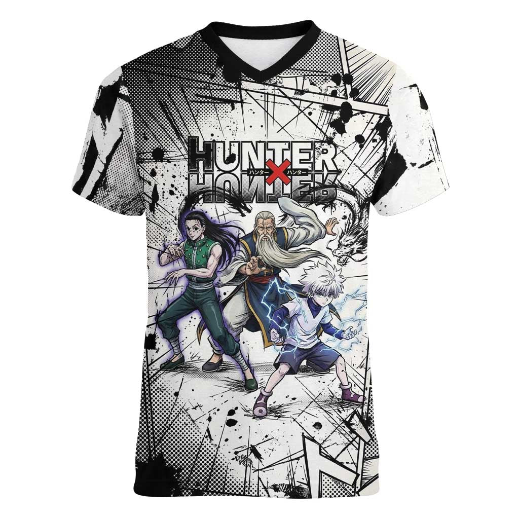 Killua Silva Illumi Team Design Women V-Neck T-Shirt with Monochrome Graffiti Background and Hunter Association Symbols - The Mazicc