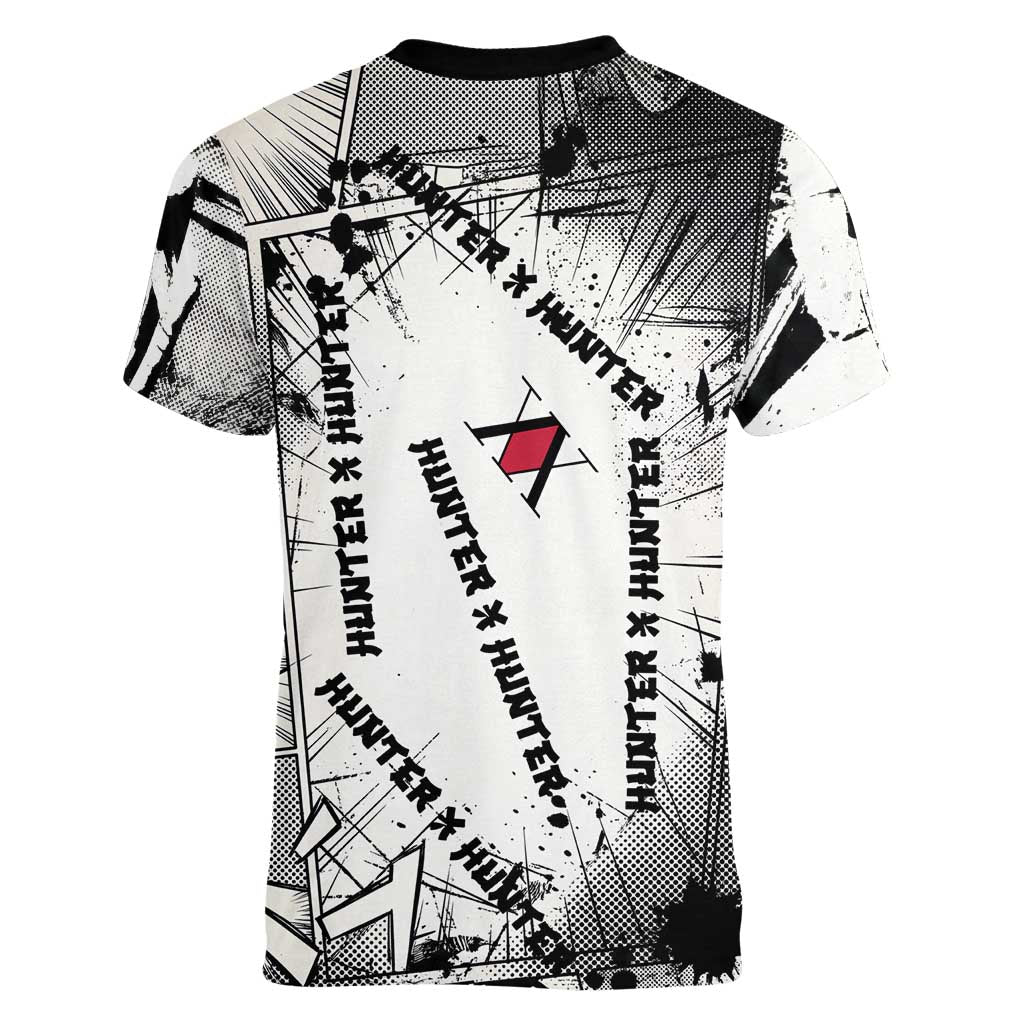 Killua Silva Illumi Team Design Women V-Neck T-Shirt with Monochrome Graffiti Background and Hunter Association Symbols - The Mazicc