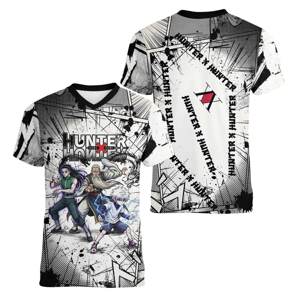 Killua Silva Illumi Team Design Women V-Neck T-Shirt with Monochrome Graffiti Background and Hunter Association Symbols - The Mazicc